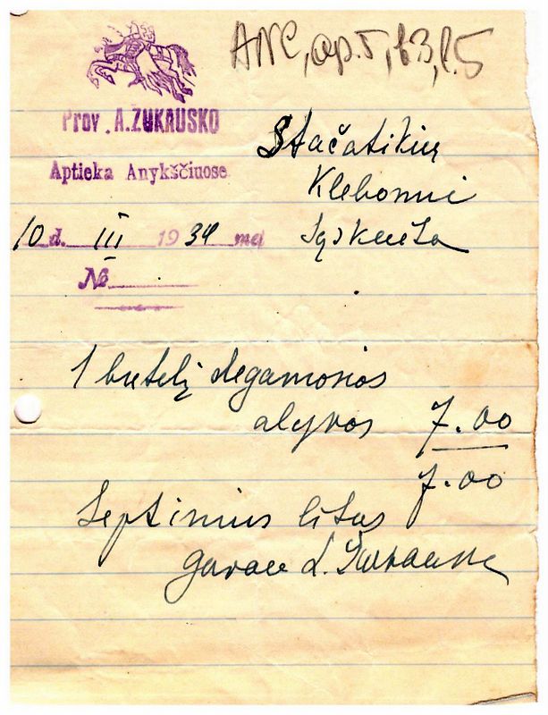 A. Žukausko vaistinės dokumentas.